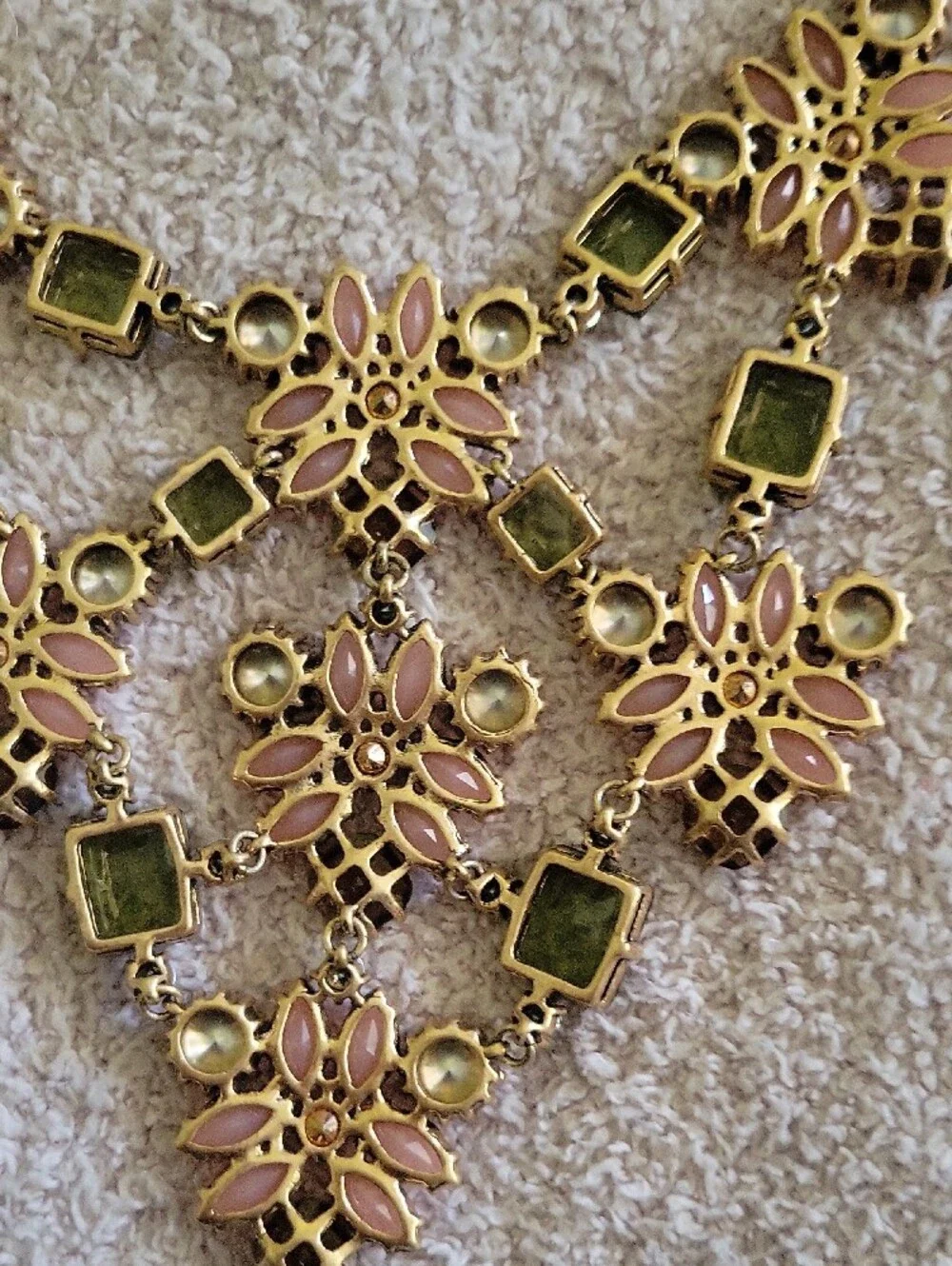 Stella & Dot Pink Floral Statement Necklace with Green and Clear Accents - Picture 5 of 10
